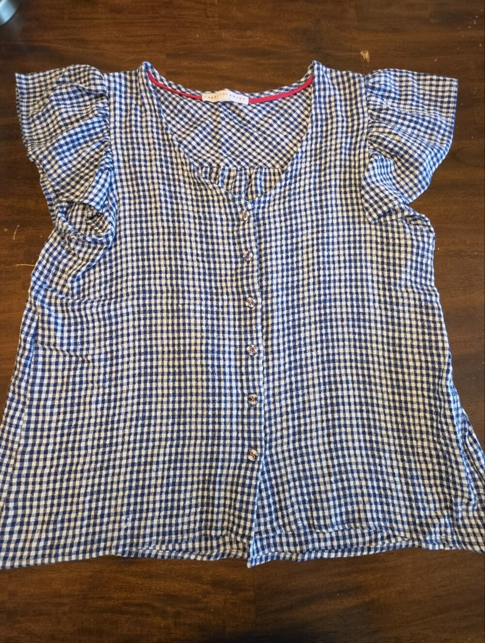 Jane & Delancey Blue Gingham Button-Down Flutter Sleeve Blouse
